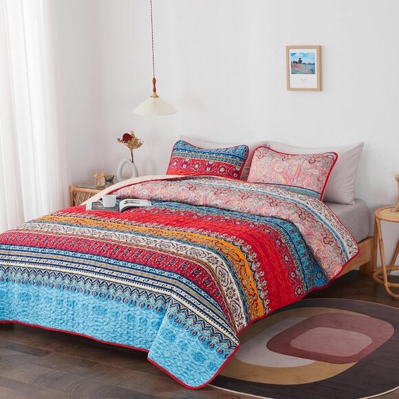 New Colourful Reversible Bohemian 3 PC Bedding Quilt Set • KING Size - Picture 6 of 7